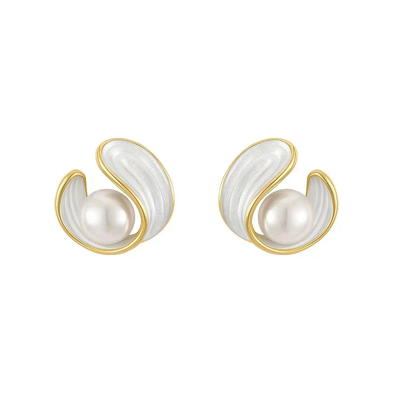 Boucles d'Oreilles en Opale Blanche avec Perles en Or