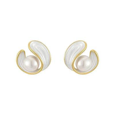 Boucles d'Oreilles en Opale Blanche avec Perles en Or