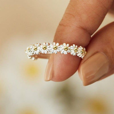 Bague Marguerite Argent Ajustable Émaillée à la Main